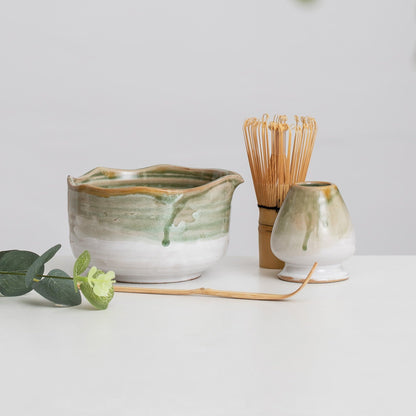 Handmade Natural Green Glazing Matcha Bowl Set of 4 Matcha Ceremony Set Gift Ideas Housewarming Gift