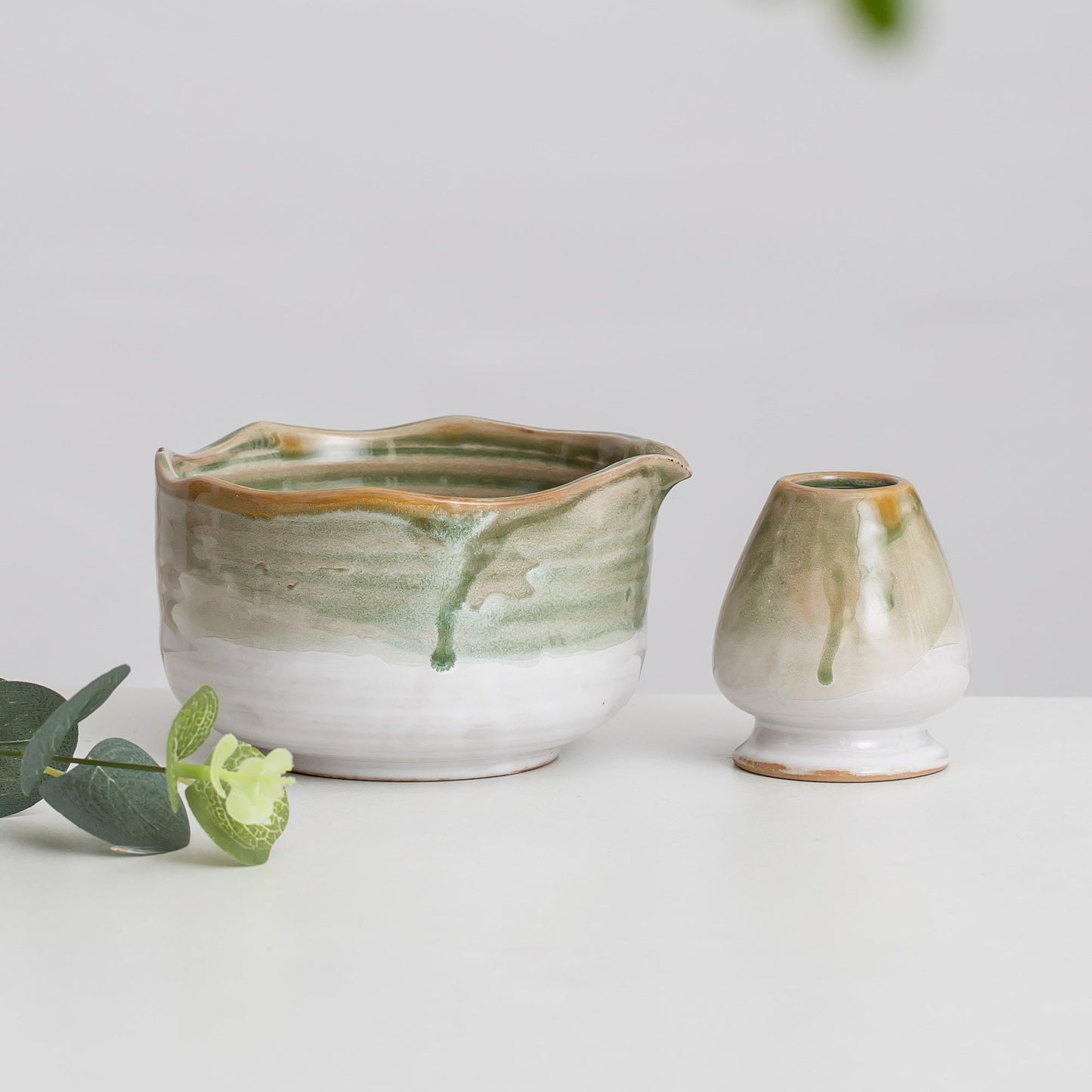 Handmade Natural Green Glazing Matcha Bowl Set of 4 Matcha Ceremony Set Gift Ideas Housewarming Gift