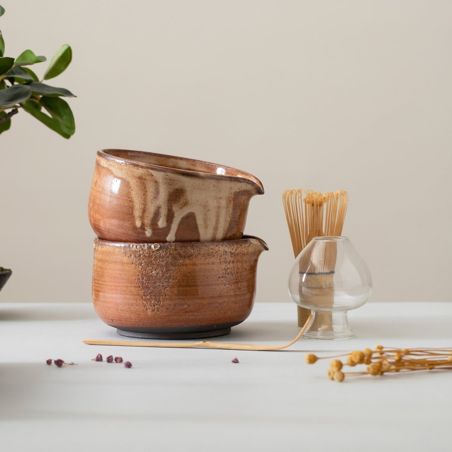 Handmade Vintage Brown Matcha Set Japanese Tea Set, Matcha Bowl Set with Spout Set of 4, Personalized Gifts