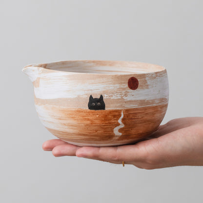 Hand Painted Black Cat with Sunrise Matcha Bowl Set with Spout, Bamboo Whisk | Chasen Holder, Birthday Gift