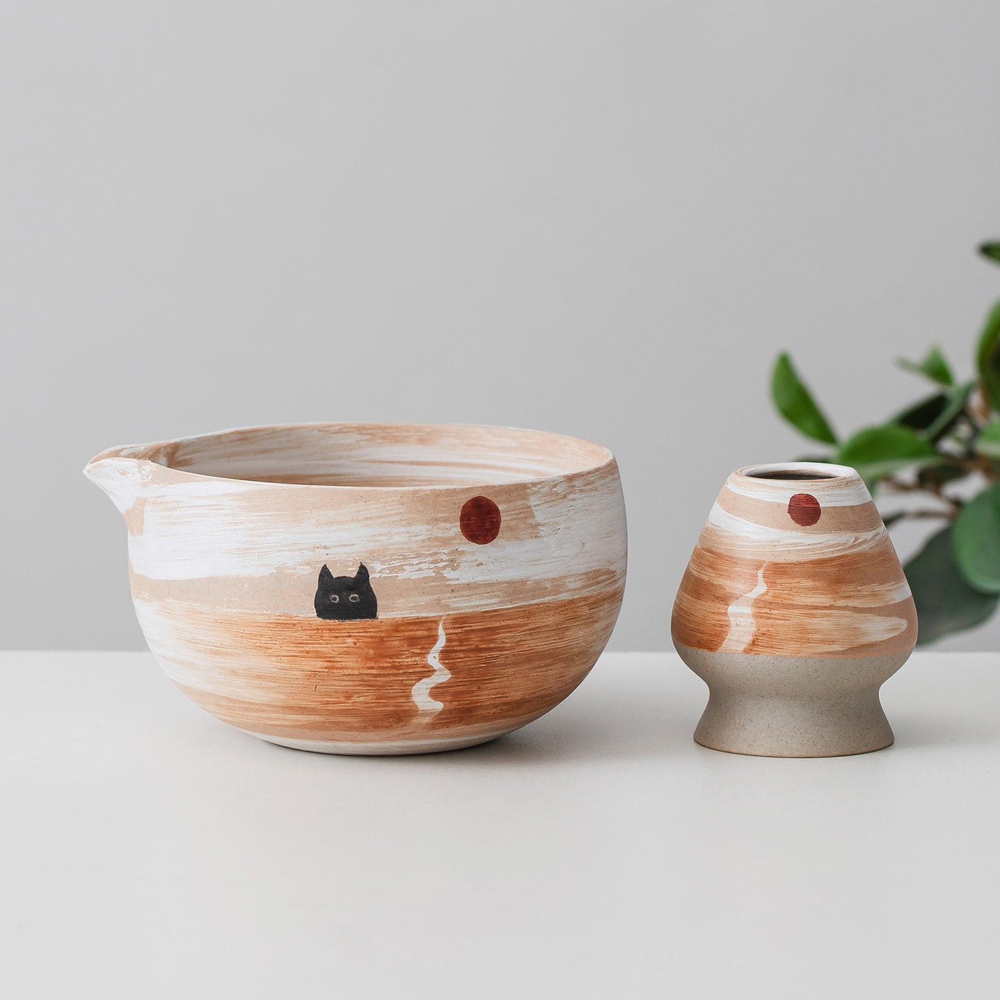 Hand Painted Black Cat with Sunrise Matcha Bowl Set with Spout, Bamboo Whisk | Chasen Holder, Birthday Gift