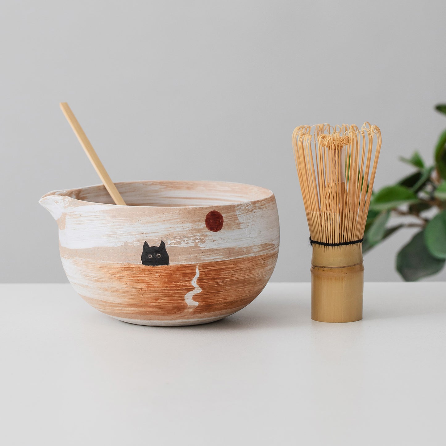 Hand Painted Black Cat with Sunrise Matcha Bowl Set with Spout, Bamboo Whisk | Chasen Holder, Birthday Gift