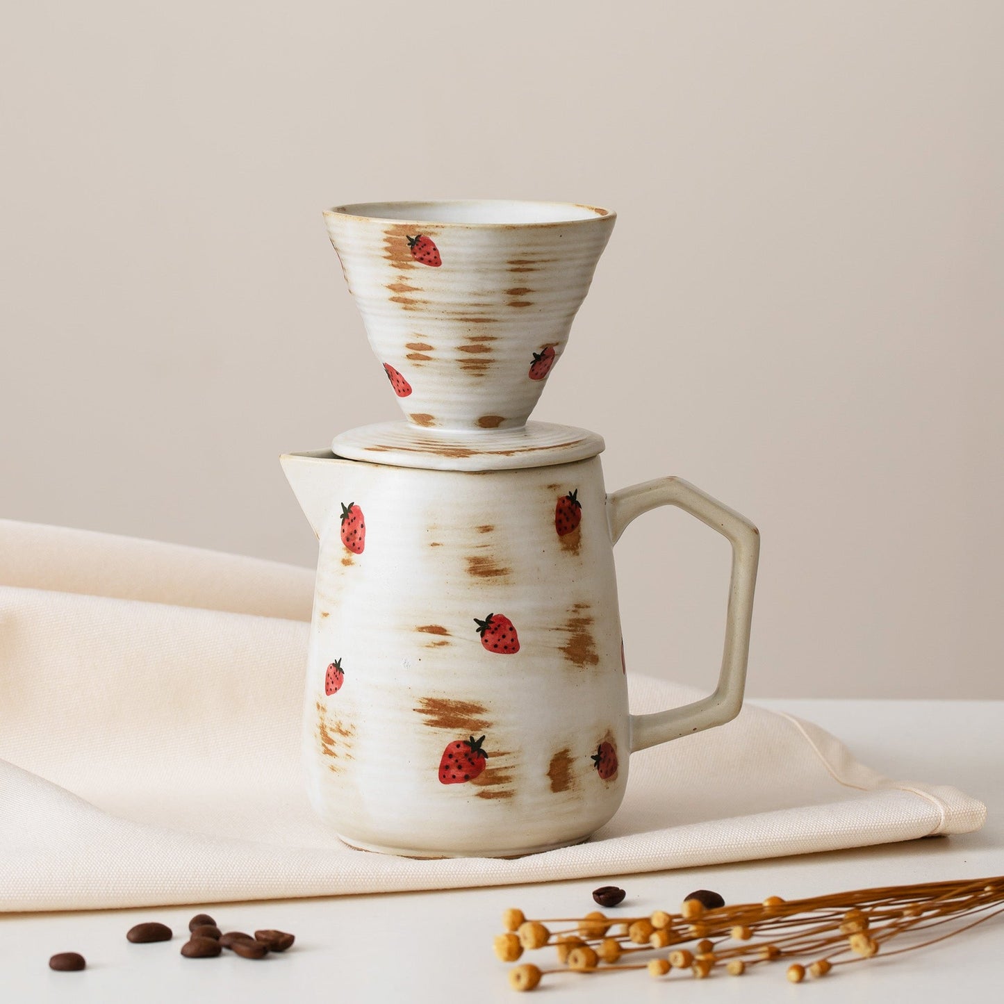 Hand Painted Strawberry Ceramic Coffee Dripper Set