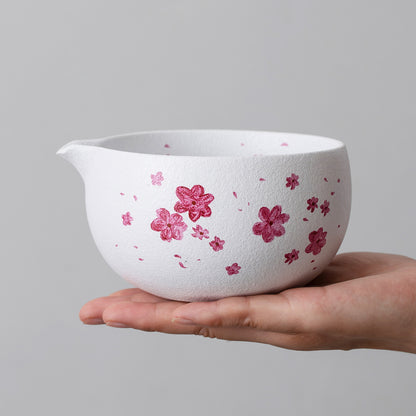 Hand Painted Cherry Blossom Ceramic Sakura Matcha Bowl with Spout Matcha Ceremony Set