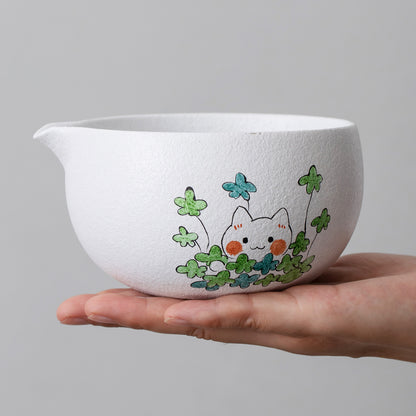 Hand Painted Matcha Bowl Set Cute Cat with Flower Matcha Bowl with Spout, Matcha Gift Set