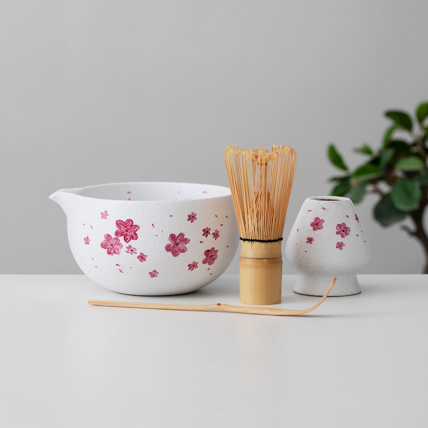 Hand Painted Cherry Blossom Ceramic Sakura Matcha Bowl with Spout Matcha Ceremony Set