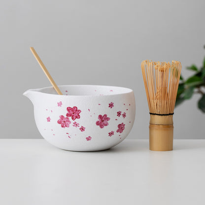 Hand Painted Cherry Blossom Ceramic Sakura Matcha Bowl with Spout Matcha Ceremony Set