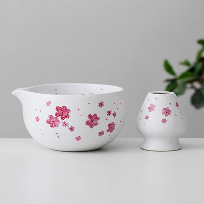 Hand Painted Cherry Blossom Ceramic Sakura Matcha Bowl with Spout Matcha Ceremony Set