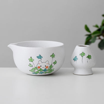 Hand Painted Matcha Bowl Set Cute Cat with Flower Matcha Bowl with Spout, Matcha Gift Set