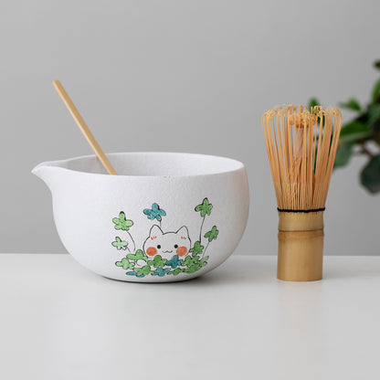 Hand Painted Matcha Bowl Set Cute Cat with Flower Matcha Bowl with Spout, Matcha Gift Set