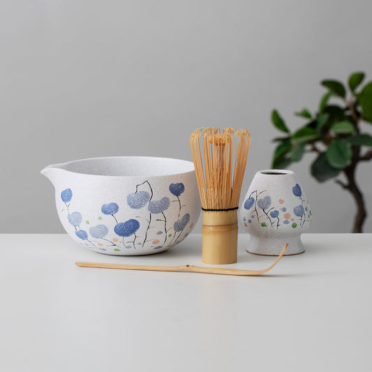 Hand Painted Blue Lotus Pond Matcha Set Ceramic Matcha Set of 4, Matcha Gift Set, Personalized Gifts