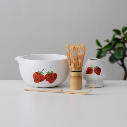 Hand Painted Cute Strawberry Matcha Kit Matcha Bowl Set with Spout, Matcha Gift Set Gift for Her