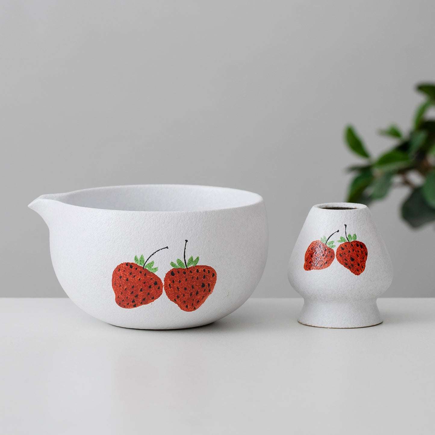 Hand Painted Cute Strawberry Matcha Kit Matcha Bowl Set with Spout, Matcha Gift Set Gift for Her