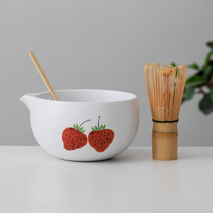 Hand Painted Cute Strawberry Matcha Kit Matcha Bowl Set with Spout, Matcha Gift Set Gift for Her