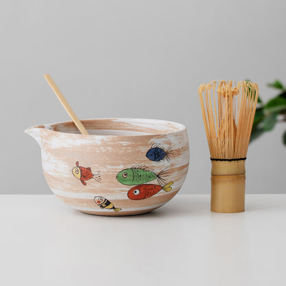 Hand Painted Colorful Fish Matcha Set of 4 Matcha Bowl with Spout Matcha Ceremony Set Personalized Gifts