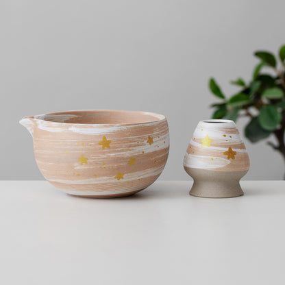 Hand Painted Stars Matcha Bowl with Spout, Starry Sky Matcha Kit, Matcha Tea Ceremony Set Matcha Gift Set