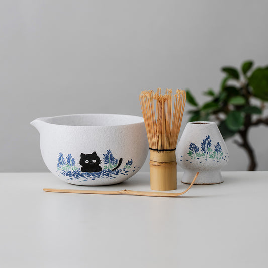 Hand Painted Cute Black Cat and Bluebonnet Matcha Gift Set Matcha Bowl Set with Spout Gift for Her