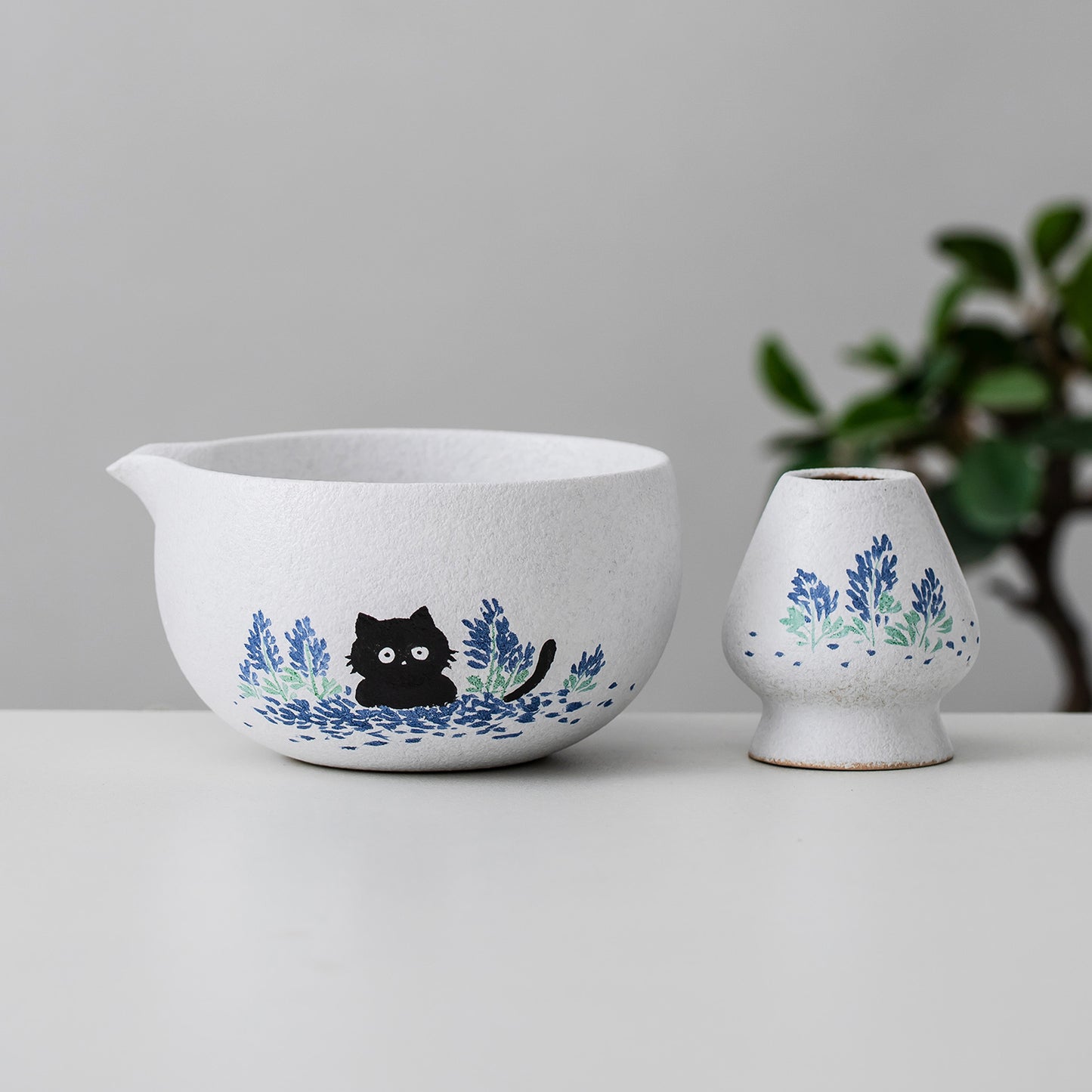 Hand Painted Cute Black Cat and Bluebonnet Matcha Gift Set Matcha Bowl Set with Spout Gift for Her