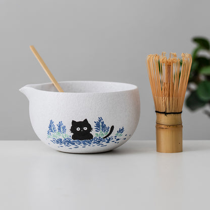 Hand Painted Cute Black Cat and Bluebonnet Matcha Gift Set Matcha Bowl Set with Spout Gift for Her