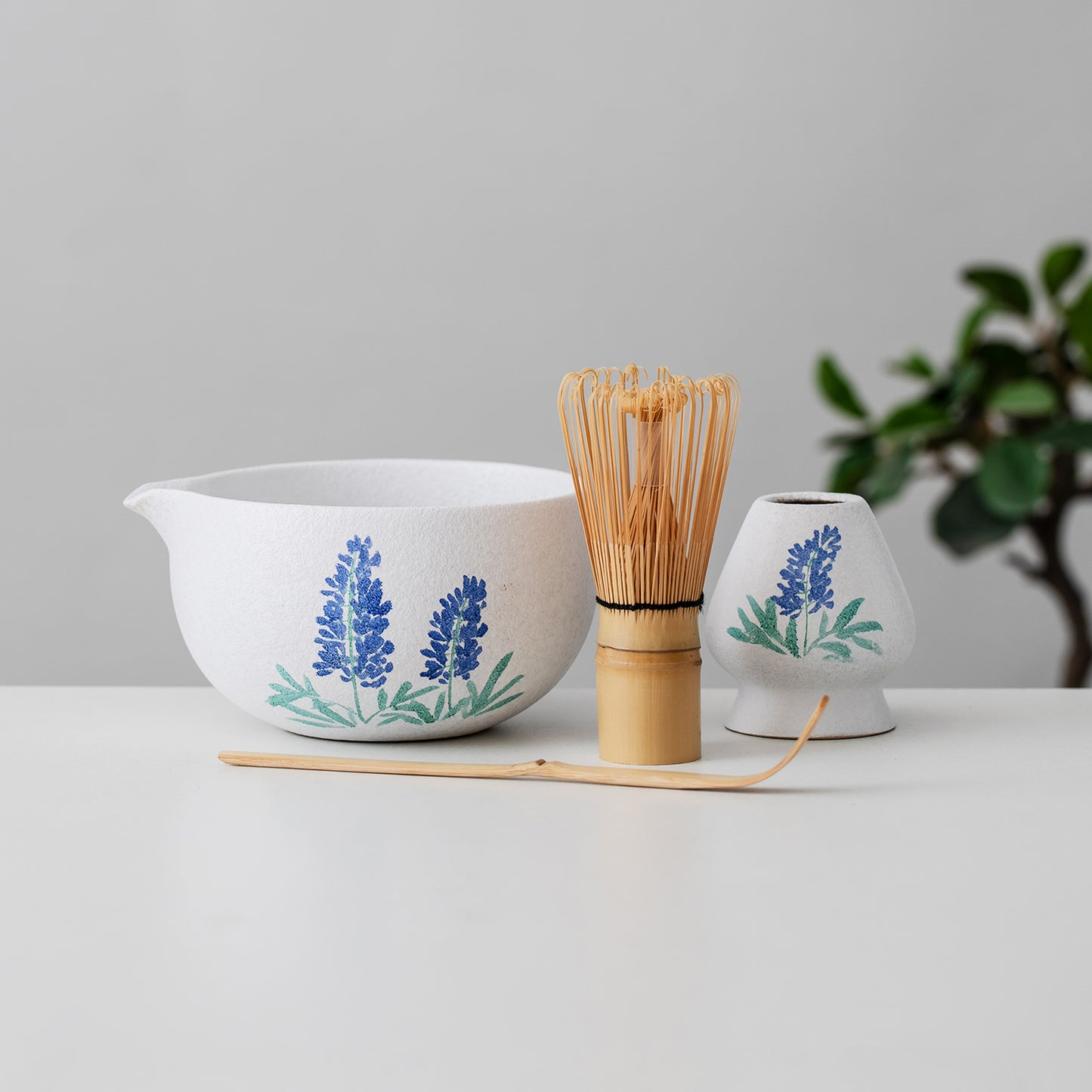 Hand Painted Bluebonnets Matcha Bowl Set with Spout, Texas Flower Japanese Tea Set Matcha Gift Set