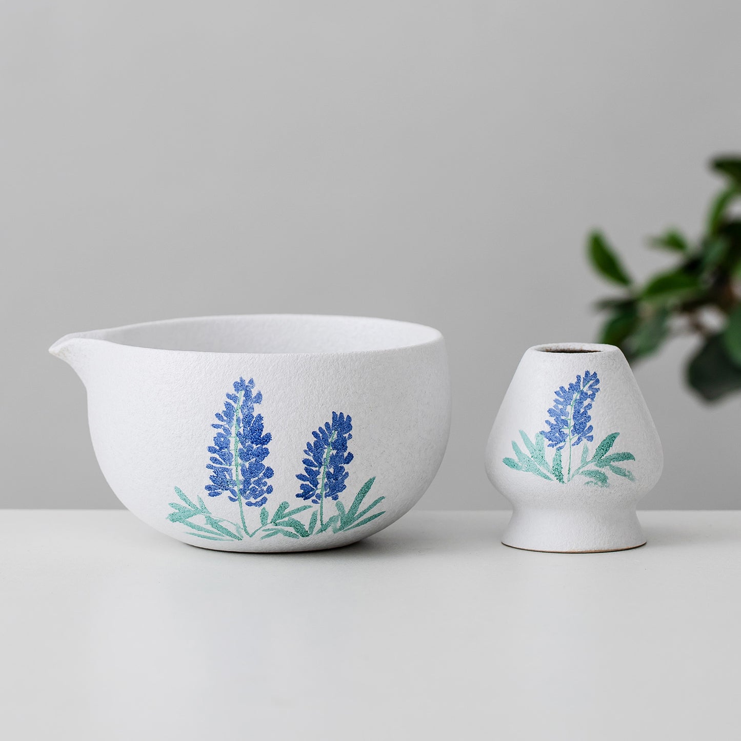 Hand Painted Bluebonnets Matcha Bowl Set with Spout, Texas Flower Japanese Tea Set Matcha Gift Set