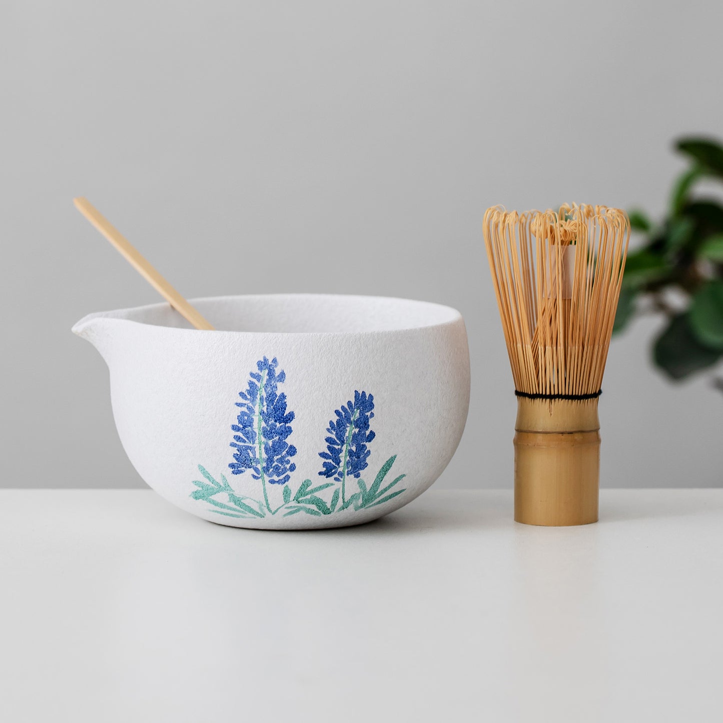 Hand Painted Bluebonnets Matcha Bowl Set with Spout, Texas Flower Japanese Tea Set Matcha Gift Set