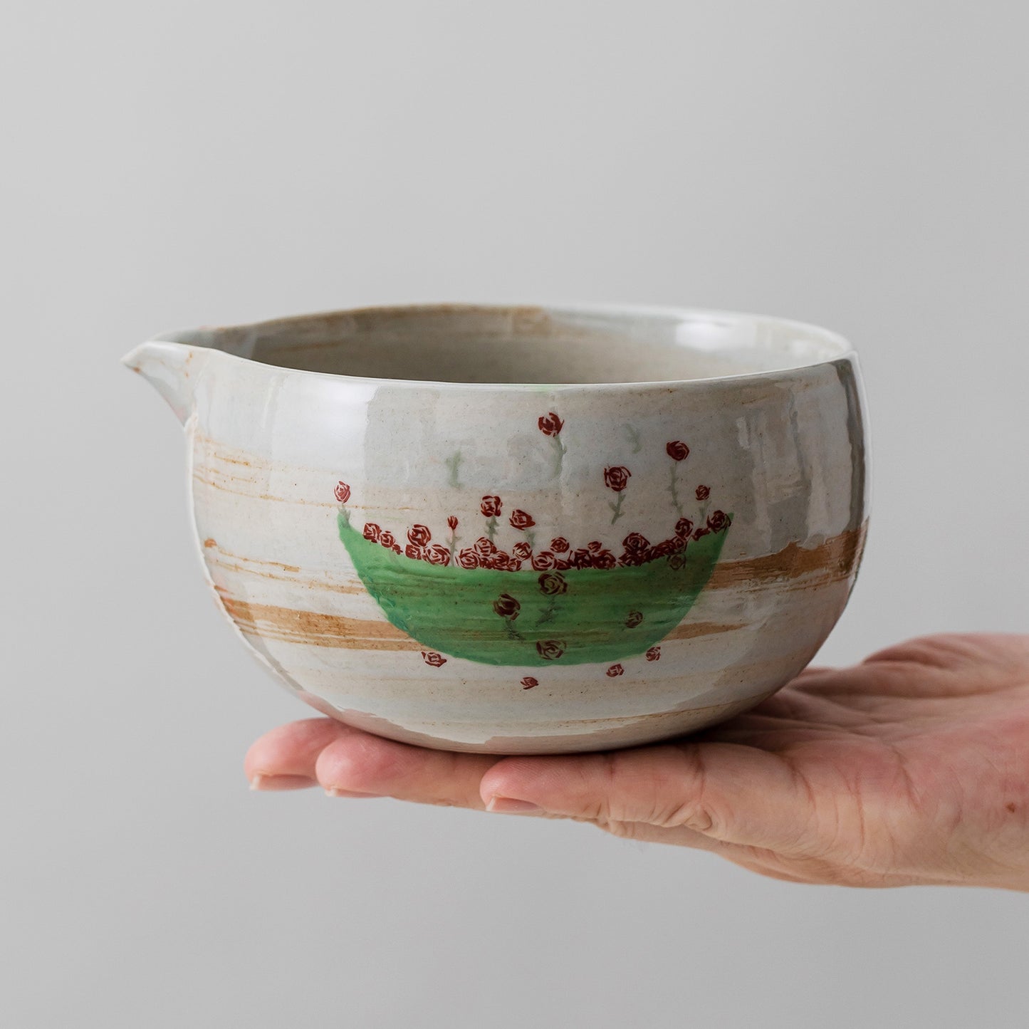 Hand Painted Rose Boat Matcha Bowl with Spout Flower Matcha Ceremony Set Gift for Her