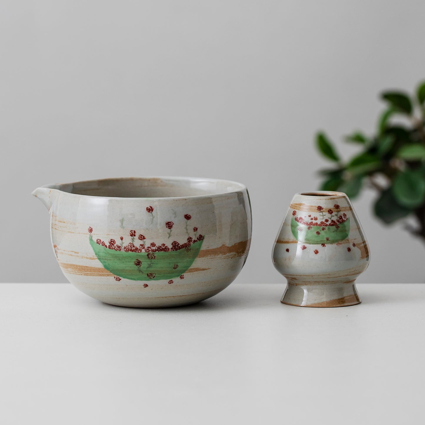 Hand Painted Rose Boat Matcha Bowl with Spout Flower Matcha Ceremony Set Gift for Her