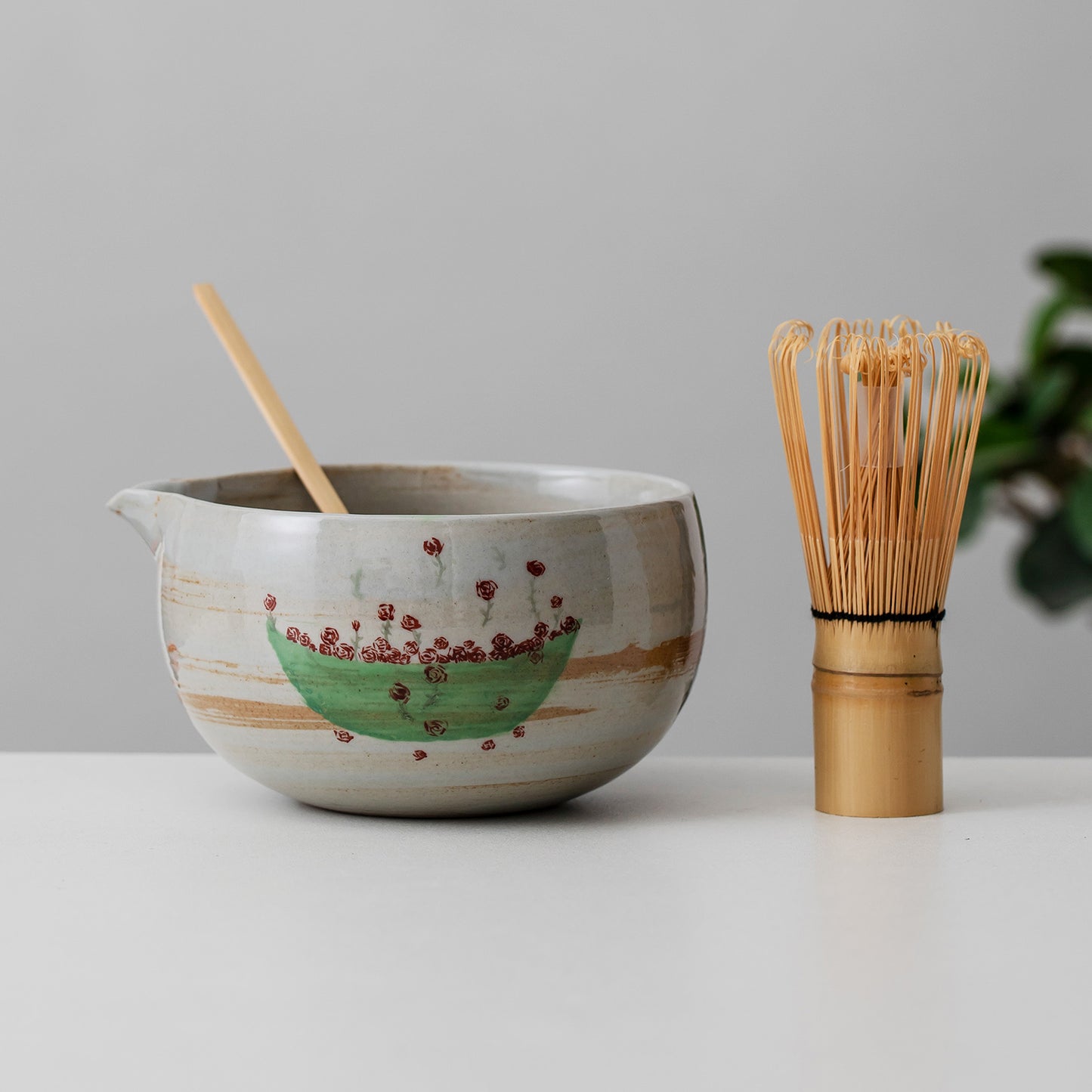 Hand Painted Rose Boat Matcha Bowl with Spout Flower Matcha Ceremony Set Gift for Her