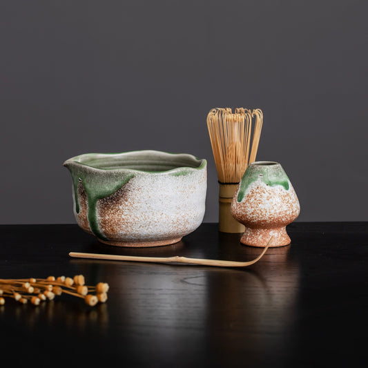 Handmade Vintage Green Flow Glaze Matcha Set with Bowl Matcha Ceremony Set Gift Set