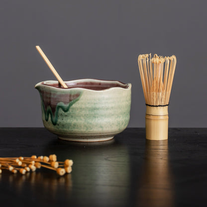 Handmade Natural Green Matcha Bowl with Chasen Holder and Bamboo Whisk Gift, Housewarming Gift