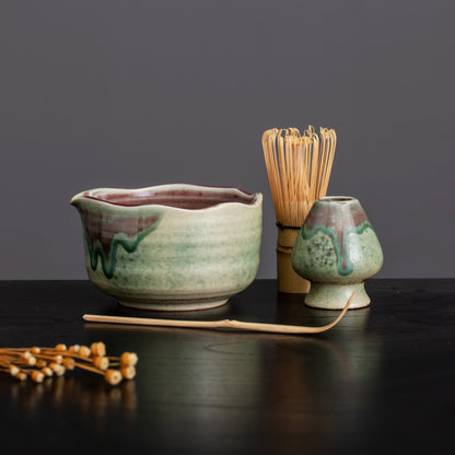 Handmade Natural Green Matcha Bowl with Chasen Holder and Bamboo Whisk Gift, Housewarming Gift