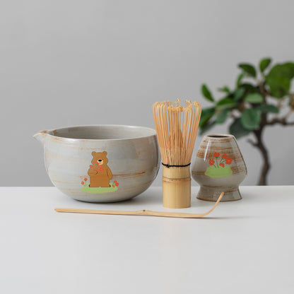 Hand Painted Cute Bear with Flowers Matcha Bowl Set with Spout, Matcha Kit, Gift Ideas