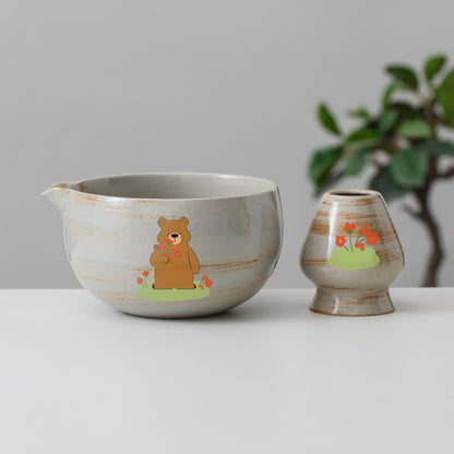 Hand Painted Cute Bear with Flowers Matcha Bowl Set with Spout, Matcha Kit, Gift Ideas