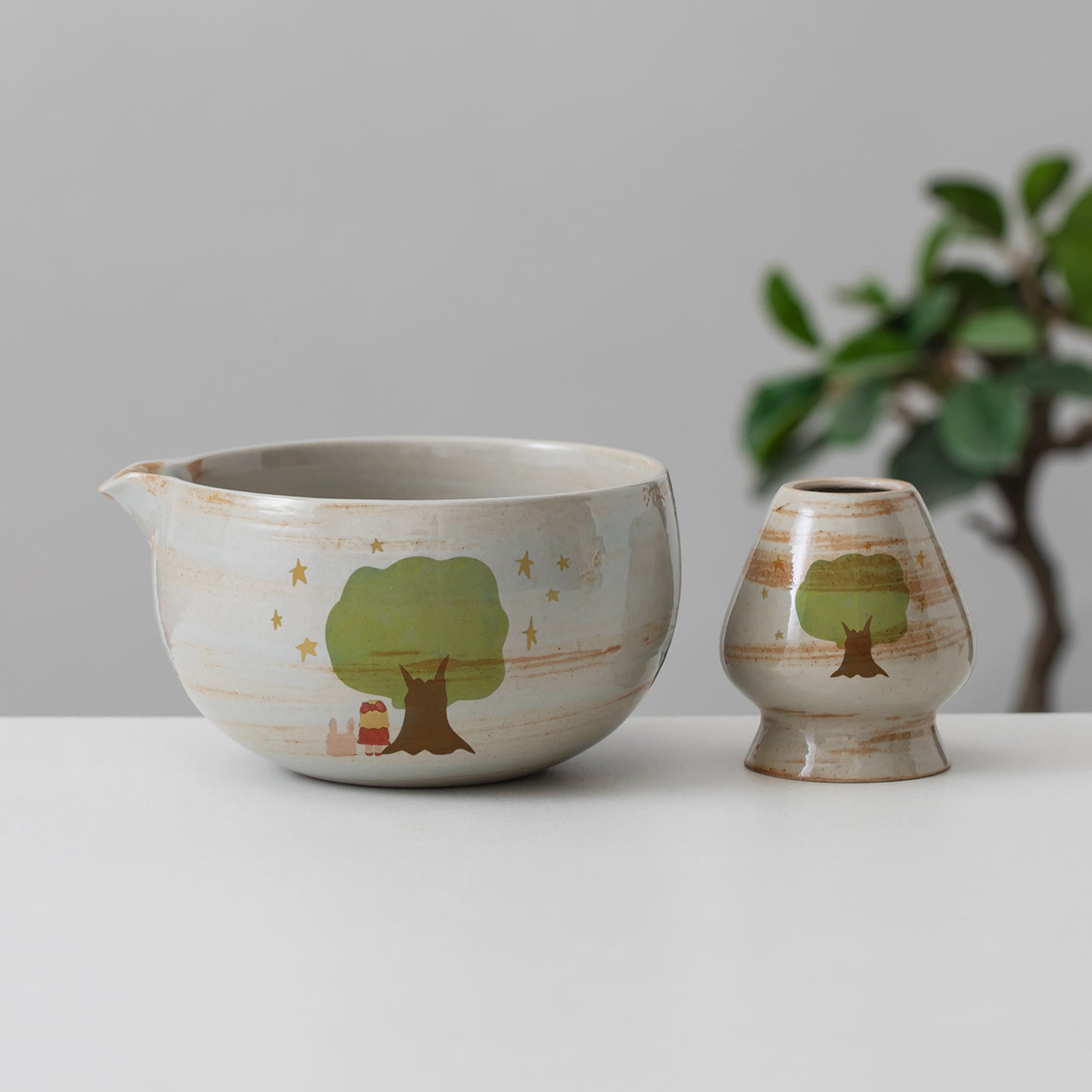 Hand Painted Girl and Bunny Under the Tree Matcha Bowl Set with Spout, Gift Ideas Tea Set, Matcha Gift Set