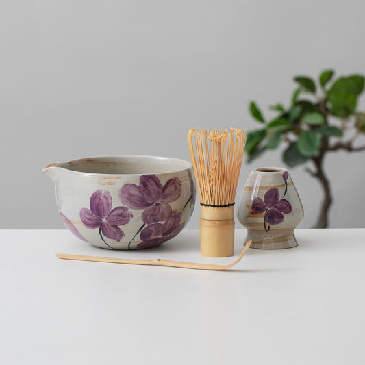 Hand Painted Violet Flower Matcha Set of 4 Matcha Gift Set with Spout, Gift Ideas, Gift for Her