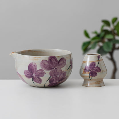 Hand Painted Violet Flower Matcha Set of 4 Matcha Gift Set with Spout, Gift Ideas, Gift for Her