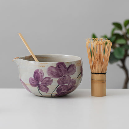 Hand Painted Violet Flower Matcha Set of 4 Matcha Gift Set with Spout, Gift Ideas, Gift for Her