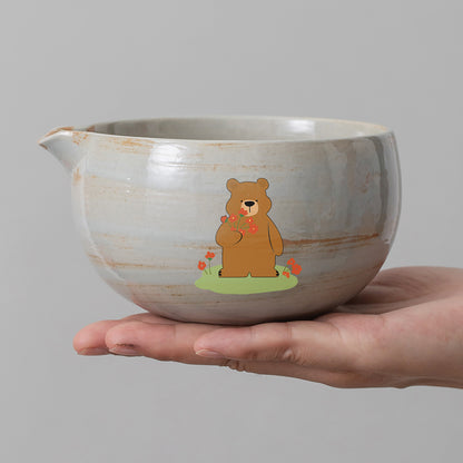 Hand Painted Cute Bear with Flowers Matcha Bowl Set with Spout, Matcha Kit, Gift Ideas