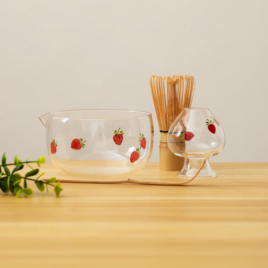 Hand Painted Strawberry Glass Matcha Bowl with Spout, Chasen Holder with Bamboo Whisk Matcha Gift Set, Gift for Her