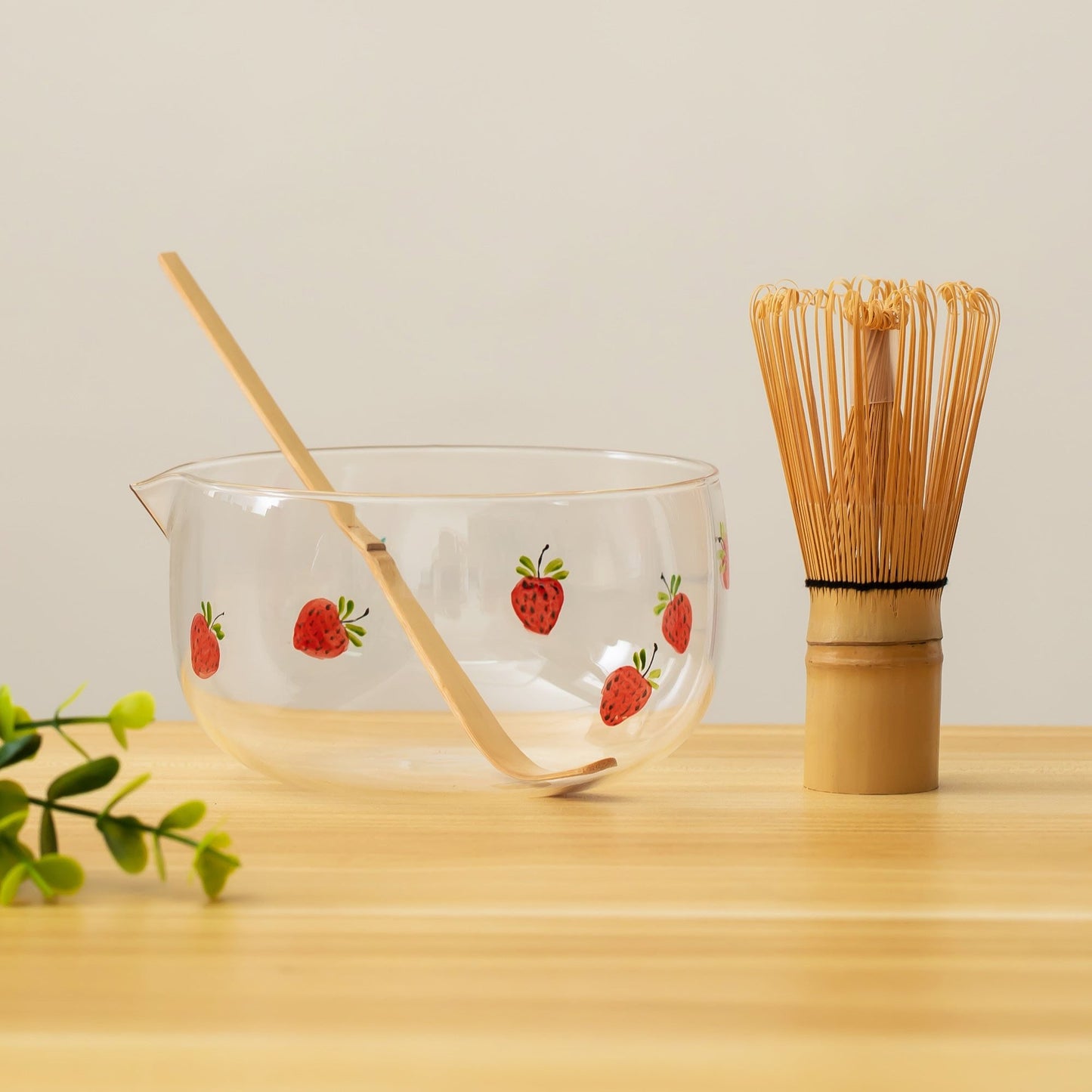 Hand Painted Strawberry Glass Matcha Bowl with Spout, Chasen Holder with Bamboo Whisk Matcha Gift Set, Gift for Her