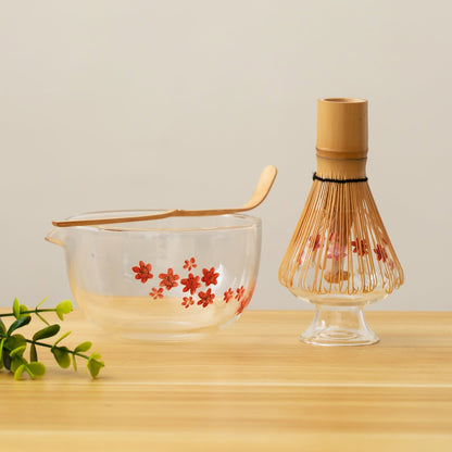 Hand Painted Sakura Glass Matcha Bowl with Chasen Holder and Bamboo Whisk Matcha Kit Gift Set, Gift for Her