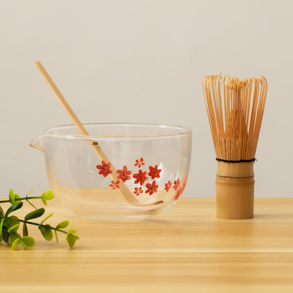 Hand Painted Sakura Glass Matcha Bowl with Chasen Holder and Bamboo Whisk Matcha Kit Gift Set, Gift for Her