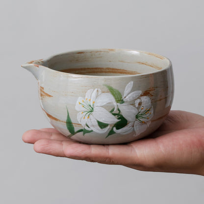 Hand Painted White Lily Matcha Kit of 4 Ceramic Chawan Matcha Gift Set Gift for Her