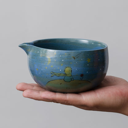 Hand Painted Rose Little Prince Blue Night Sky Matcha Bowl with Bamboo Whisk and Chasen Holder Personalized Matcha Gift Set