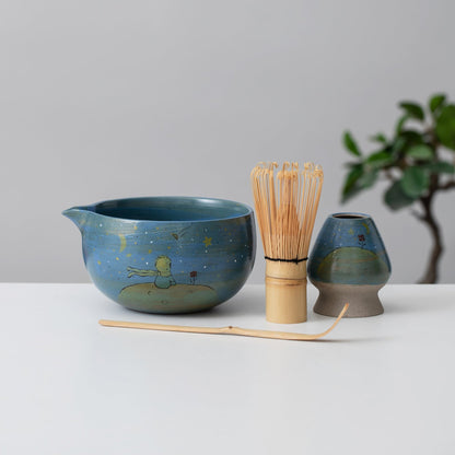 Hand Painted Rose Little Prince Blue Night Sky Matcha Bowl with Bamboo Whisk and Chasen Holder Personalized Matcha Gift Set