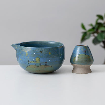 Hand Painted Rose Little Prince Blue Night Sky Matcha Bowl with Bamboo Whisk and Chasen Holder Personalized Matcha Gift Set