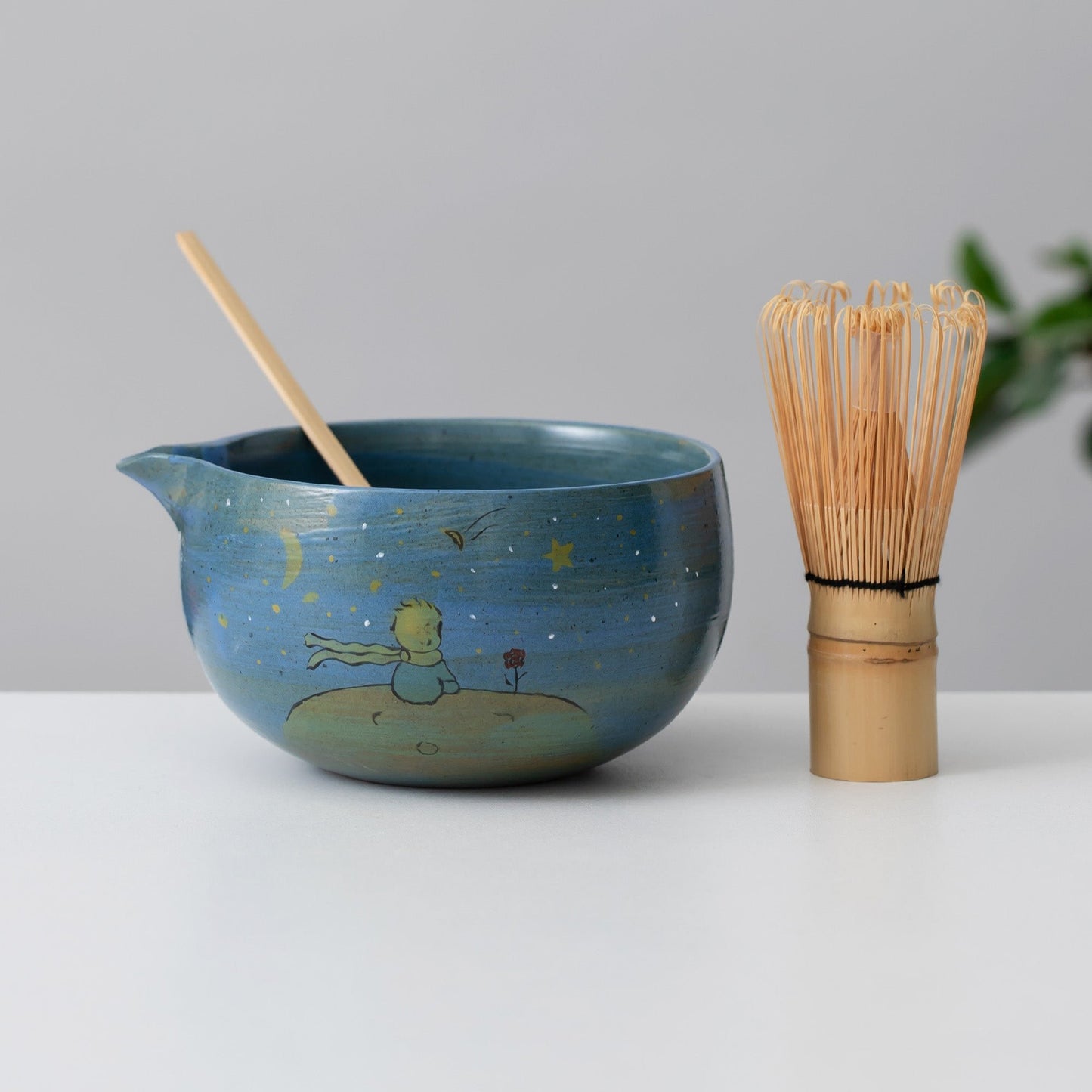 Hand Painted Rose Little Prince Blue Night Sky Matcha Bowl with Bamboo Whisk and Chasen Holder Personalized Matcha Gift Set