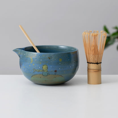 Hand Painted Rose Little Prince Blue Night Sky Matcha Bowl with Bamboo Whisk and Chasen Holder Personalized Matcha Gift Set