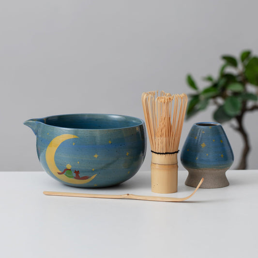 Hand Painted Moon Boy Matcha Bowl with Bamboo Whisk and Chasen Holder Personalized Matcha Gift Set